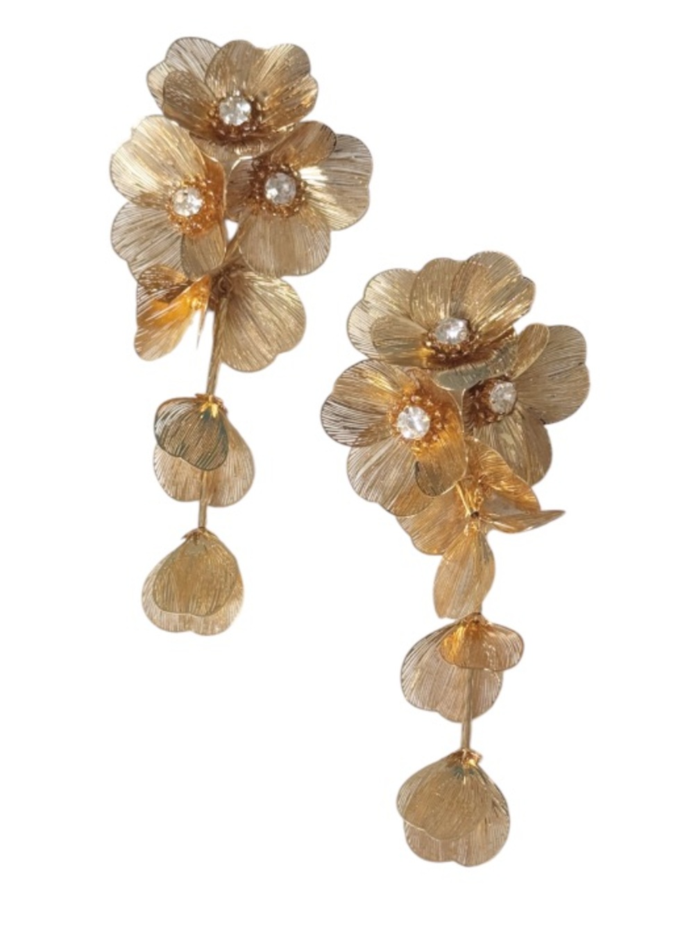 Metallic gold floral rhinestone 3D oversized chandelier drop earrings